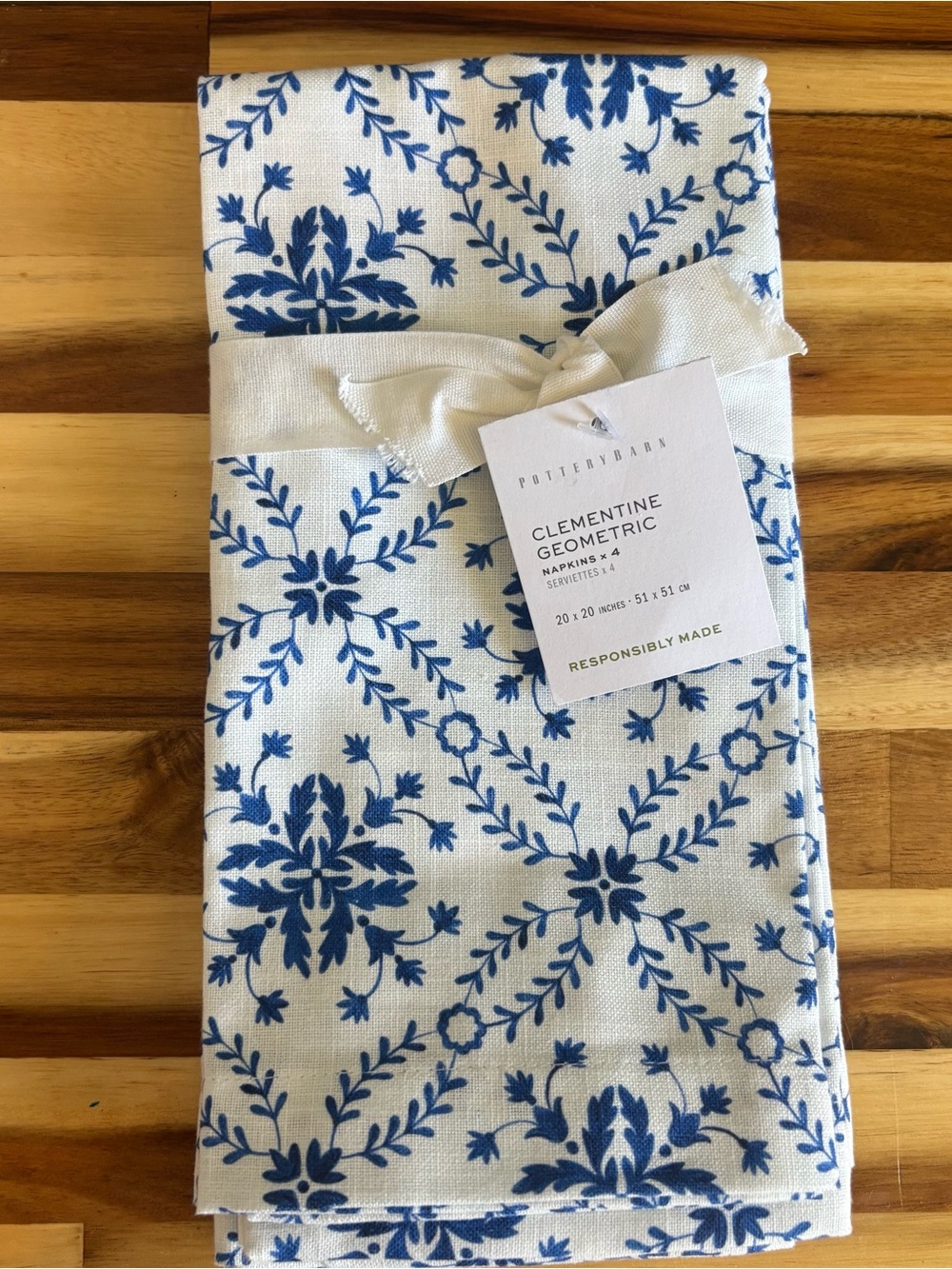 Pottery Barn Blue Floral Geometric Cotton Napkins
